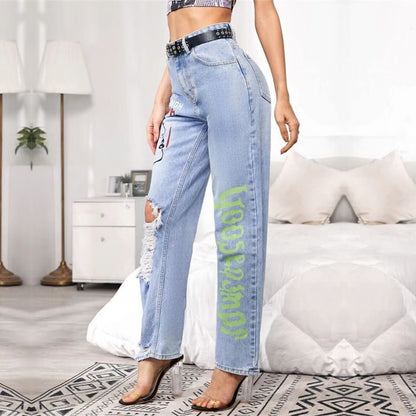 High Rise Graphic & Lettering Print Distressed Straight-Fit Wide-Leg Jeans