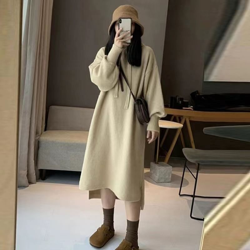 Dress Midi Knit Long-Sleeve Plain Hoodie