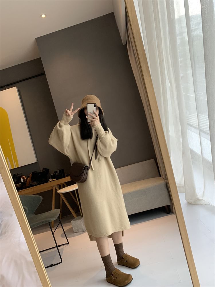 Dress Midi Knit Long-Sleeve Plain Hoodie