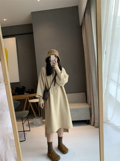 Dress Midi Knit Long-Sleeve Plain Hoodie