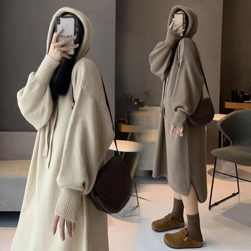 Dress Midi Knit Long-Sleeve Plain Hoodie