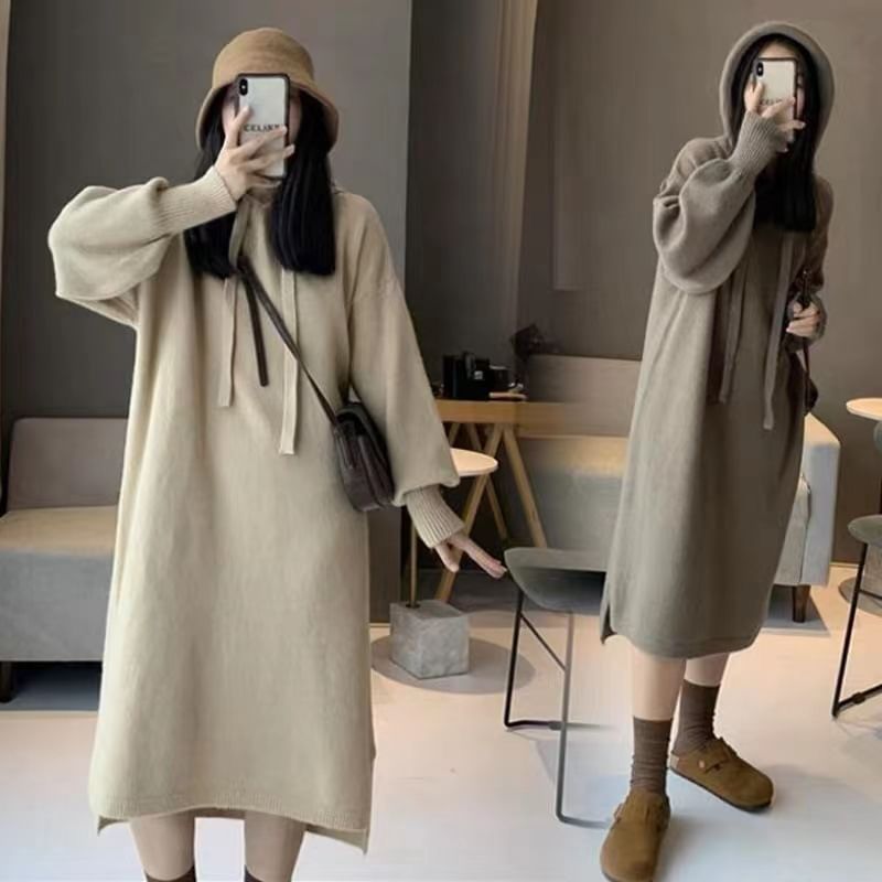 Dress Midi Knit Long-Sleeve Plain Hoodie