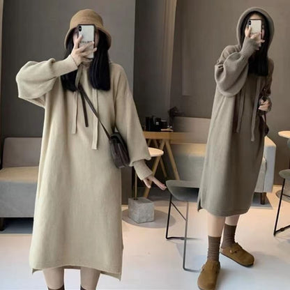 Dress Midi Knit Long-Sleeve Plain Hoodie