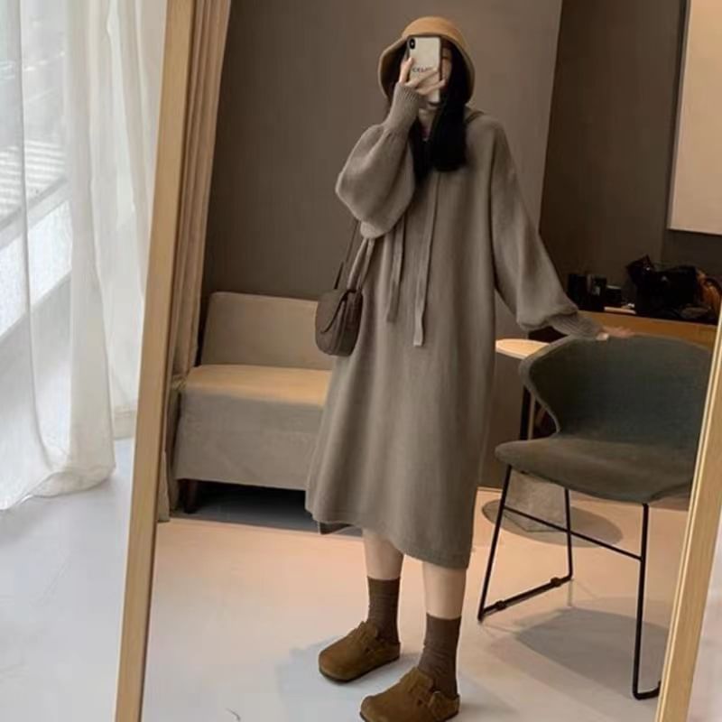 Dress Midi Knit Long-Sleeve Plain Hoodie