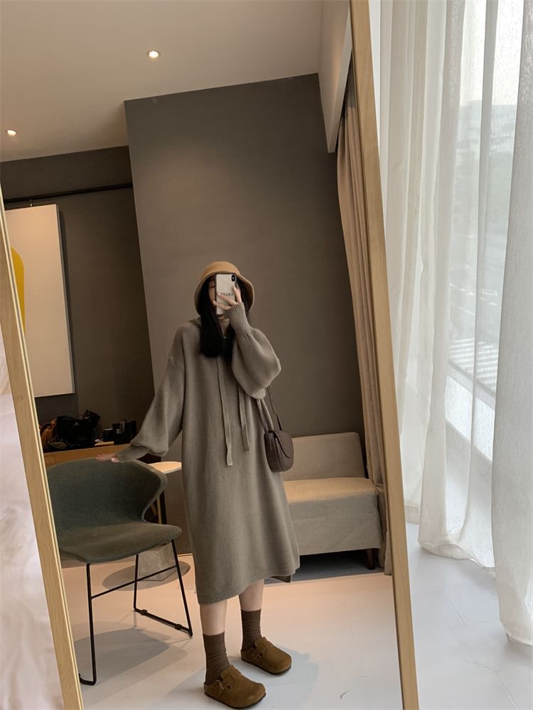 Dress Midi Knit Long-Sleeve Plain Hoodie