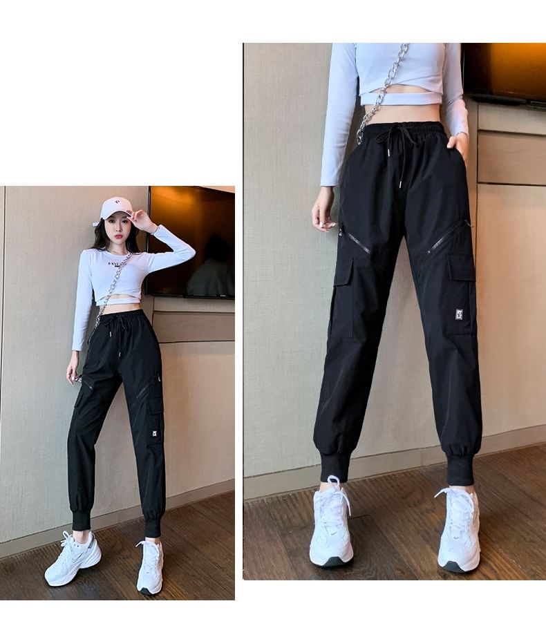 High Waist Drawstring Waist Wide Leg Pocketed Straight Cut Gather Cuff Cargo Sweatpants With Lining