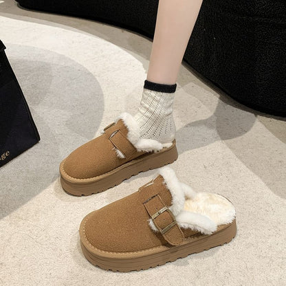Fleece-Lined Mules Platform Buckled