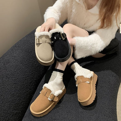 Fleece-Lined Mules Platform Buckled