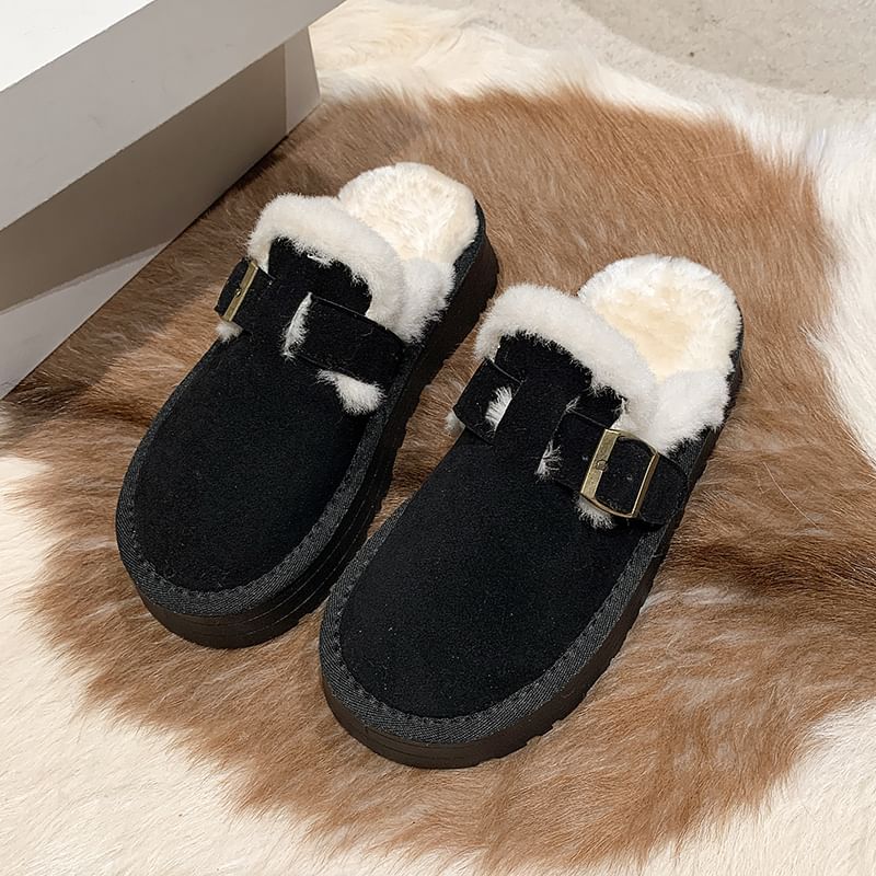 Fleece-Lined Mules Platform Buckled