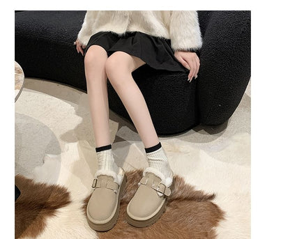 Fleece-Lined Mules Platform Buckled
