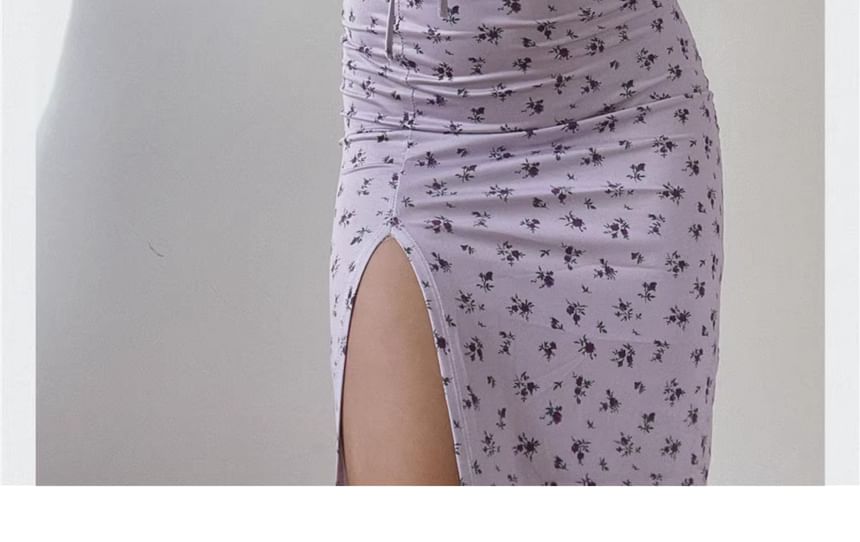 Spaghetti Midi Print Floral Dress Ruched Bodycon Scoop Neck Strap