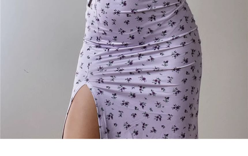 Spaghetti Midi Print Floral Dress Ruched Bodycon Scoop Neck Strap