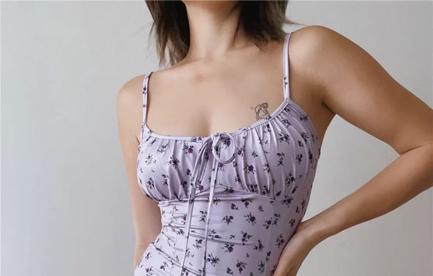 Spaghetti Midi Print Floral Dress Ruched Bodycon Scoop Neck Strap