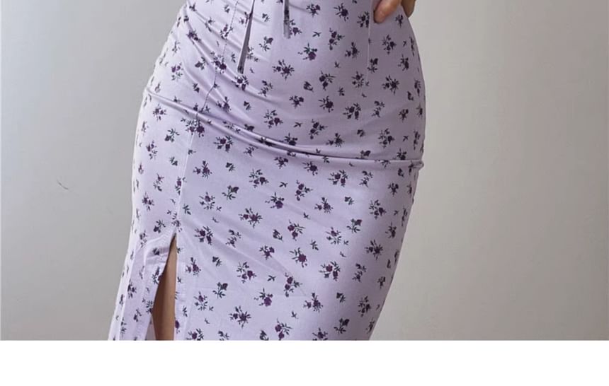 Spaghetti Midi Print Floral Dress Ruched Bodycon Scoop Neck Strap