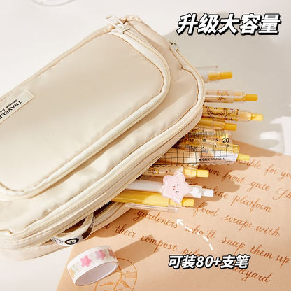 Layered Nylon Pencil Case / Binder Clip / Pen / Highlighter / Ruler / Sticky Note / Set