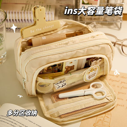 Layered Nylon Pencil Case / Binder Clip / Pen / Highlighter / Ruler / Sticky Note / Set