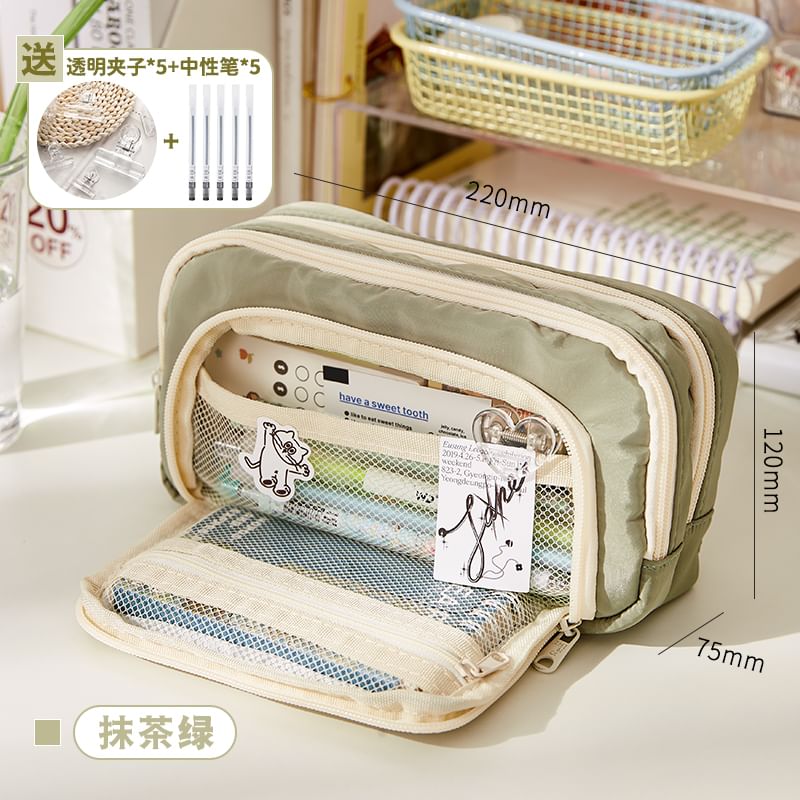 Layered Nylon Pencil Case / Binder Clip / Pen / Highlighter / Ruler / Sticky Note / Set