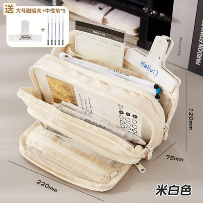 Layered Nylon Pencil Case / Binder Clip / Pen / Highlighter / Ruler / Sticky Note / Set