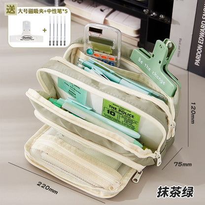 Layered Nylon Pencil Case / Binder Clip / Pen / Highlighter / Ruler / Sticky Note / Set