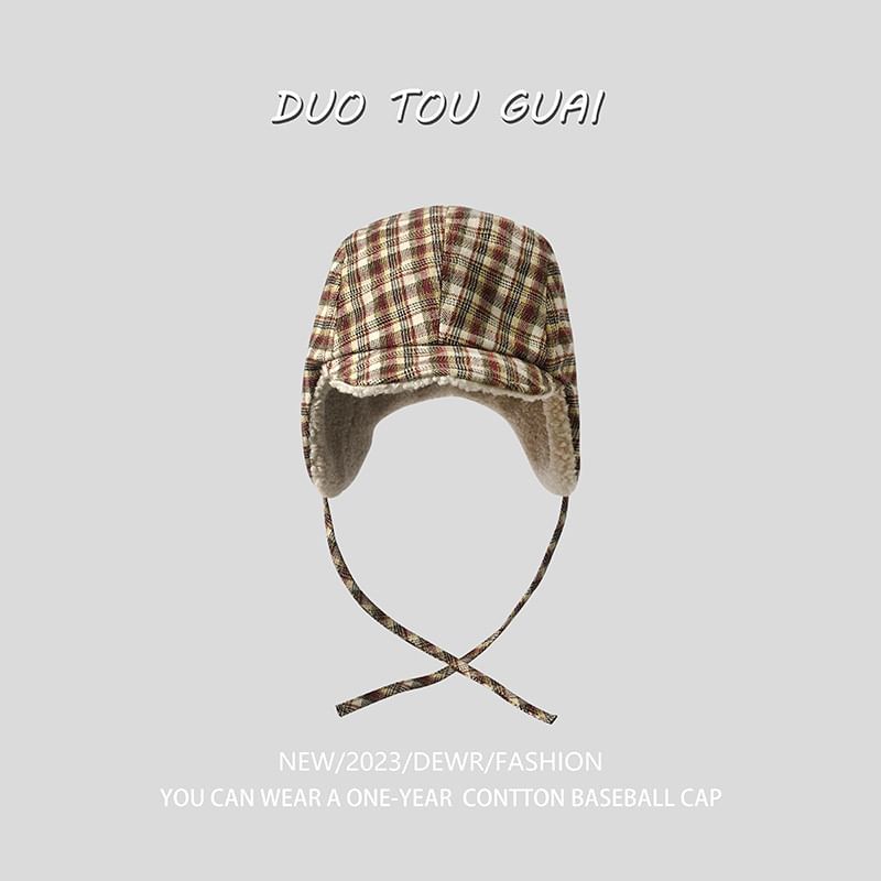 Hat Fleece Plaid Trapper Lined