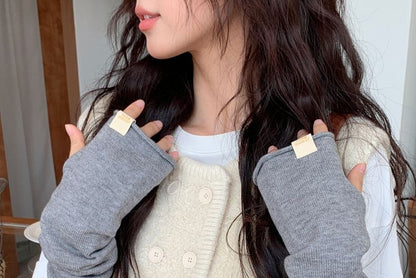 Knit Gloves Long Fingerless Plain