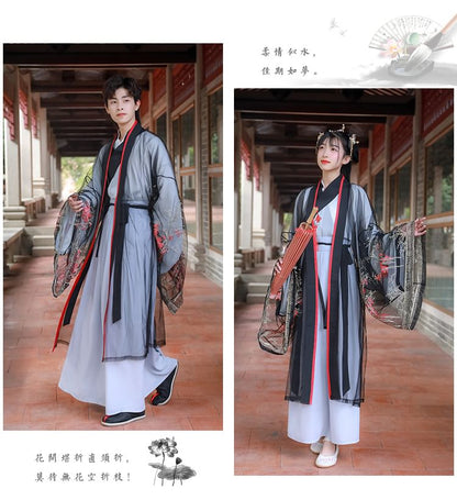 Couple Matching Embroidered Mesh Hanfu Jacket / Top / Long Top / High Waist Maxi A