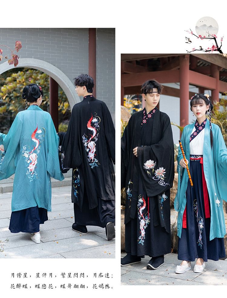 Couple Matching Fox Floral Embroidered Hanfu Jacket / Top / High Waist Maxi A