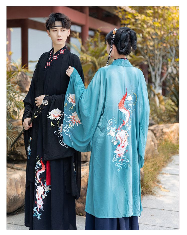 Couple Matching Fox Floral Embroidered Hanfu Jacket / Top / High Waist Maxi A