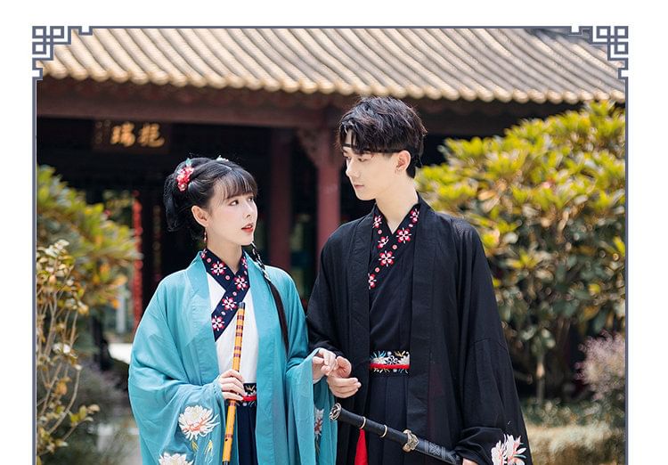 Couple Matching Fox Floral Embroidered Hanfu Jacket / Top / High Waist Maxi A