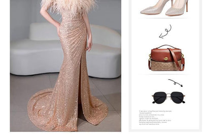 Short-Sleeve Off Shoulder Sequin Feather Trim Ruched Slit Trumpet Evening Gown