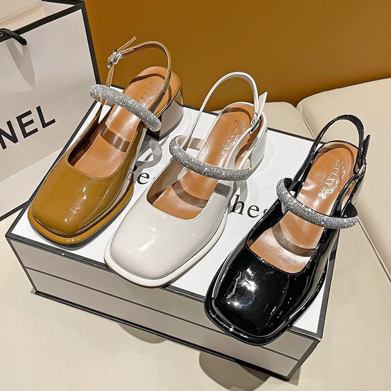 Slingback Pumps Toe Block Square Heel Rhinestone Jane Mary