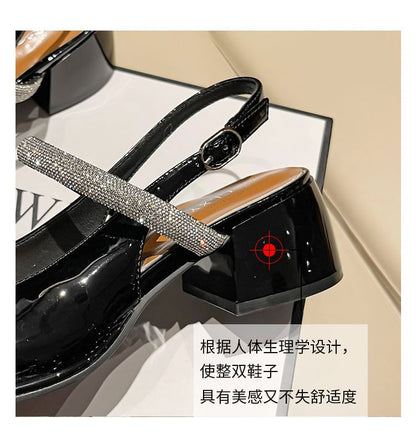 Slingback Pumps Toe Block Square Heel Rhinestone Jane Mary