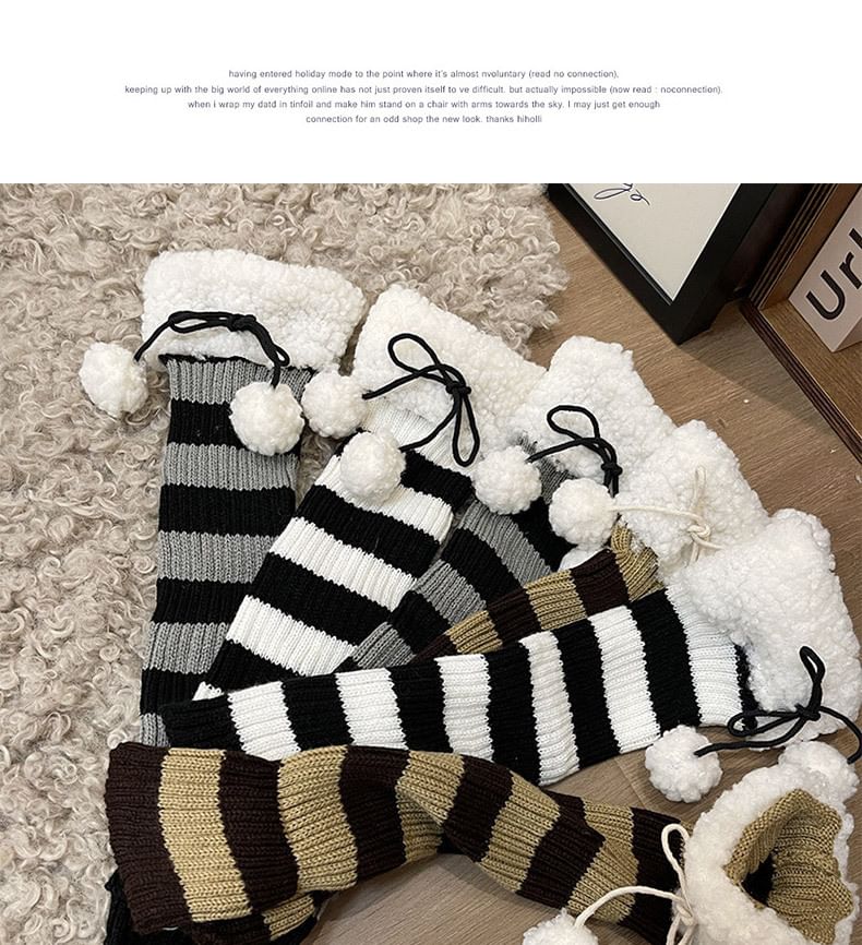 Fleece Trim Striped Knit Leg Warmers