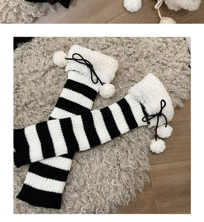 Fleece Trim Striped Knit Leg Warmers