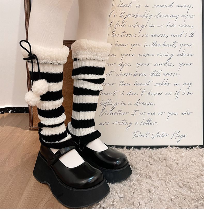 Fleece Trim Striped Knit Leg Warmers