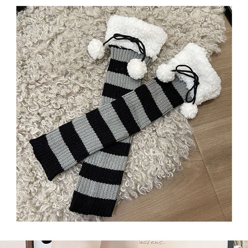 Fleece Trim Striped Knit Leg Warmers