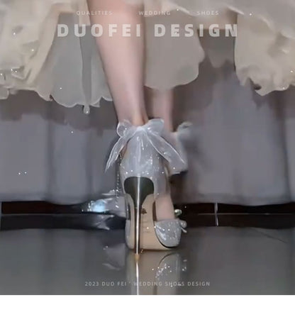 Ankle Strap Stiletto Pearl Glitter Faux Bow Sandals