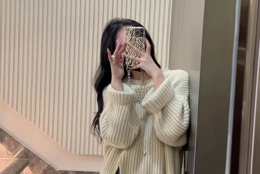 Midi Plain Slit Crew Sweater Dress Neck