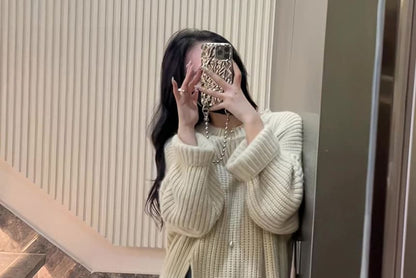 Midi Plain Slit Crew Sweater Dress Neck