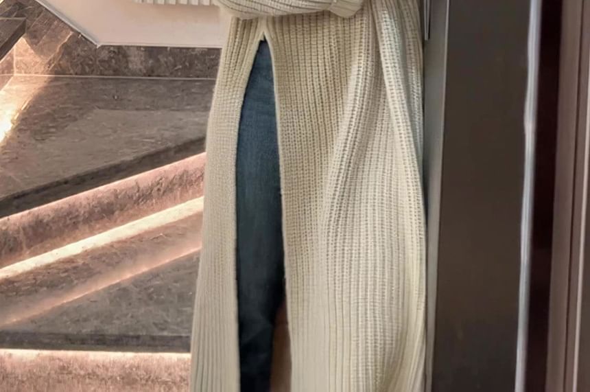 Midi Plain Slit Crew Sweater Dress Neck