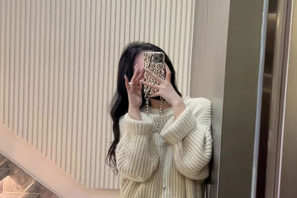 Midi Plain Slit Crew Sweater Dress Neck