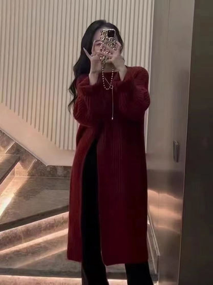 Midi Plain Slit Crew Sweater Dress Neck