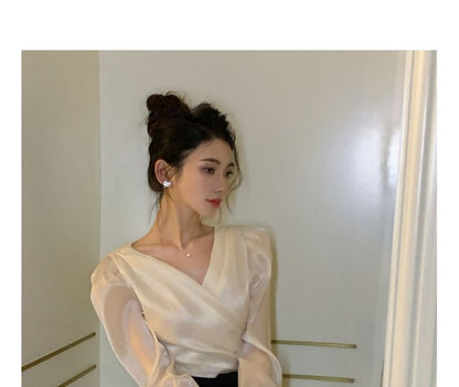 Long-Sleeve V-Neck Plain Tie Back Wrap Blouse