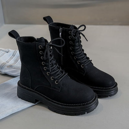 Faux Leather Chunky Plain Heel Short Boots Lace-Up