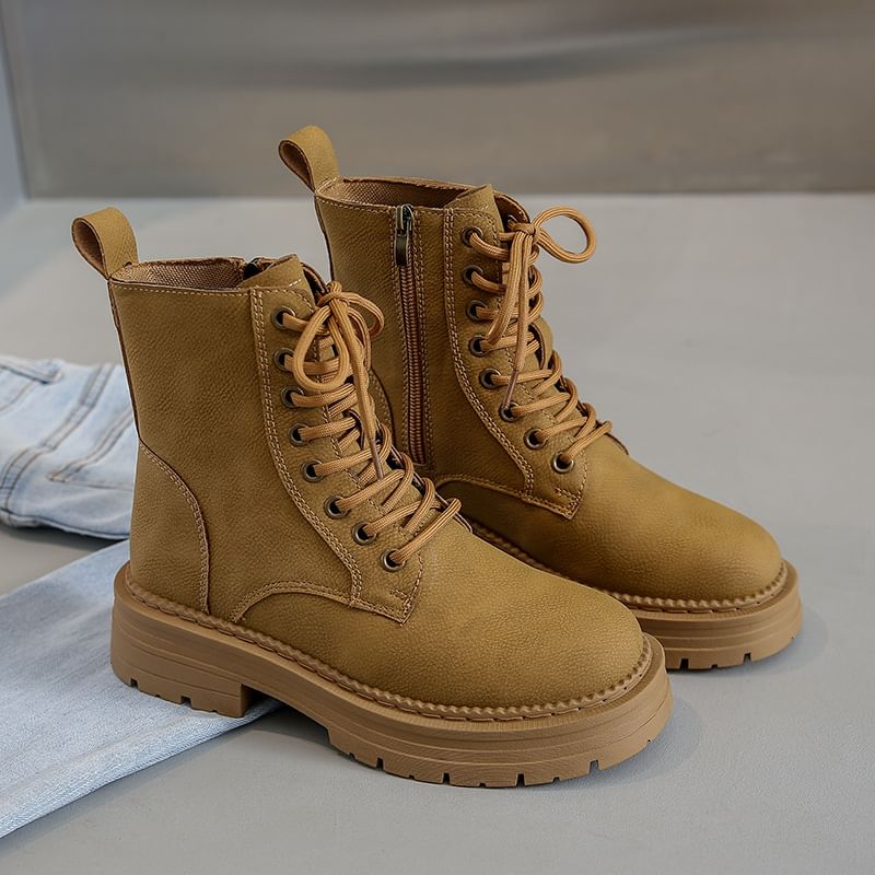 Faux Leather Chunky Plain Heel Short Boots Lace-Up