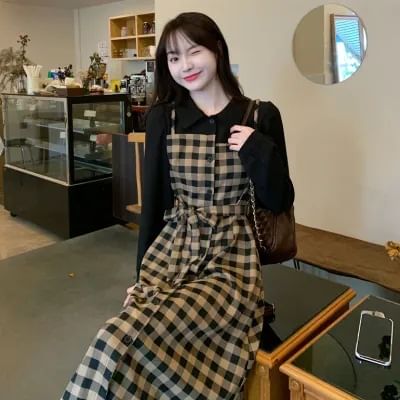 Mock A-Line Dress Collared Midi Piece Long-Sleeve Two Plaid