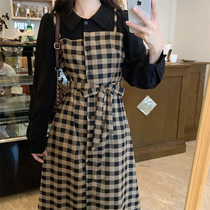 Mock A-Line Dress Collared Midi Piece Long-Sleeve Two Plaid