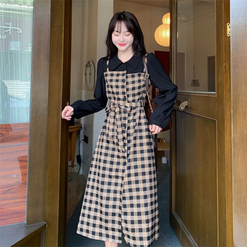 Mock A-Line Dress Collared Midi Piece Long-Sleeve Two Plaid