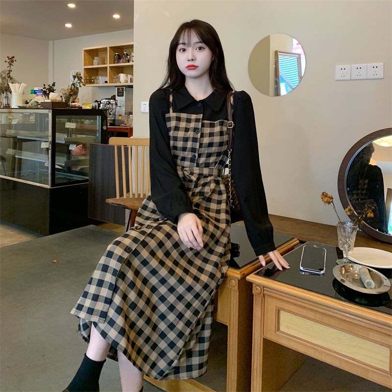 Mock A-Line Dress Collared Midi Piece Long-Sleeve Two Plaid