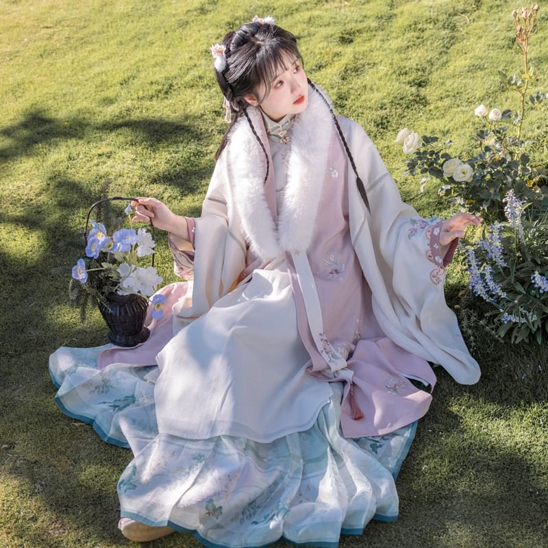 Long-Sleeve Floral Embroidered Hanfu Top / Fluffy Collar Vest / High Waist Floral Print Mamian Skirt / Sash / Set